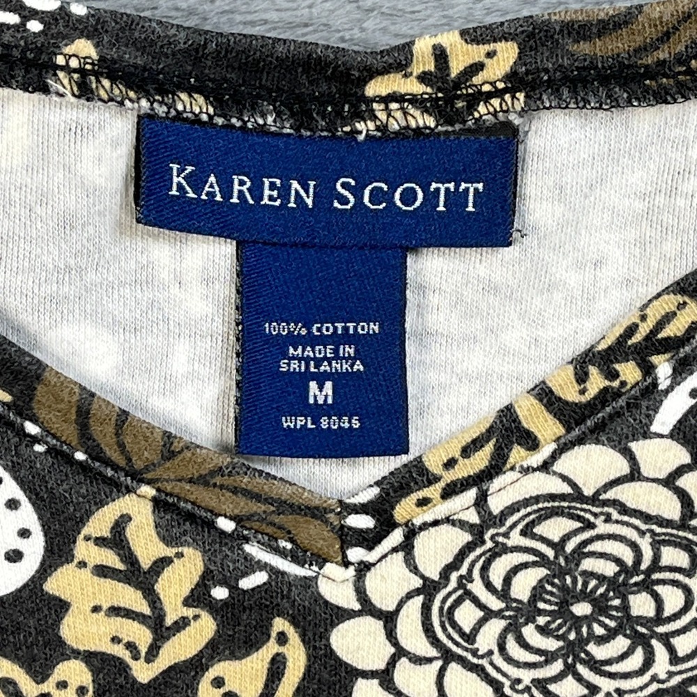 Karen Scott Blouse Top Womens Medium Black Multi Floral Print V Neck Cotton - Picture 3 of 4